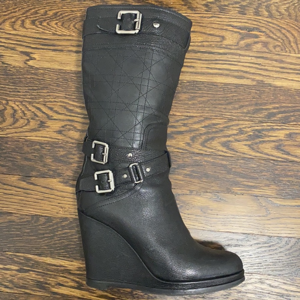 Christian Dior black leather wedge boots